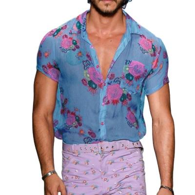 China 2022 New Arrivals Breathable Fashion Floral Printed Mesh See Through Men Designers Turn-Down Collar Short Shirts for sale