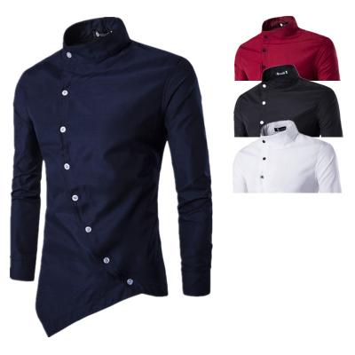 China New Men's Placket Style Court Style Oblique Design Shirt Men's Long Sleeve Collar Button Solid Color Casual Shirt for sale