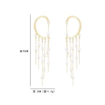 China Ailiany TRENDY Simple Non-Piercing Ear Clip Cuff Super Long Pearl Tassel Dangle And Drop Earring for sale