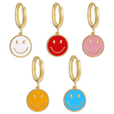 China Cute High Quality 18k Gold Fashion Enamel Stud Earrings Stainless Steel Colorful Green Pink Black Smile Face Coin Stud Earrings for sale