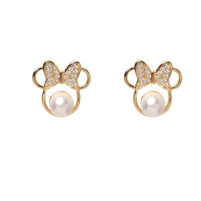 China Hot Selling Cute S925 Mickey Head Needle Mouse Rhinestones Bowknot Stud Silver Pearl Small Earrings Cute Scented Earrings for sale