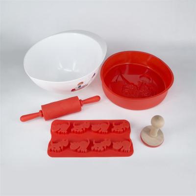 China Viable Silicone Kid Baking Set Including Wooden Handle Silicone Biscuit Stamp Pin PP Wooden Plastic Cookie Cake Molds for sale