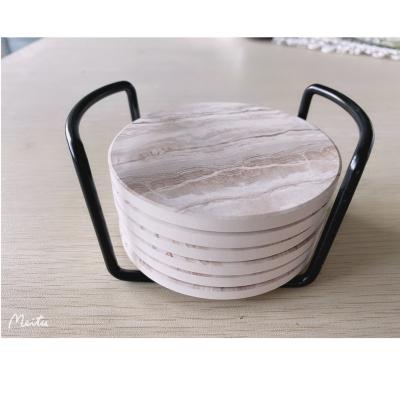 China Sustainable Set of 6 Marble Print Round Absorbent Ceramic Coaster with Metal Holder with Anti-Skidding Cork Backing for Drinks for sale