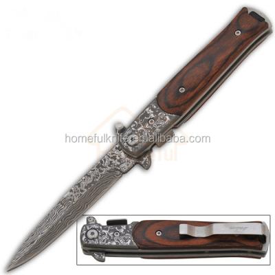 China Camping Knife 9 Inch Hot Seller Pakka Handle Damascus Stainless Steel Wooden Outdoor Pocket Folding Knife for sale