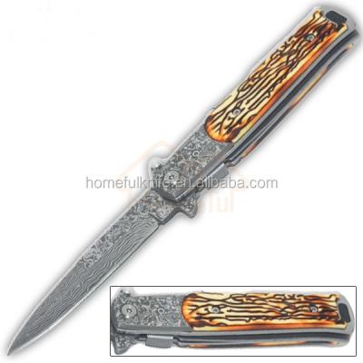 China Camping Knife 9 Inch Bone Handle Damascus Stainless Steel Outdoor Pocket Folding Knife for sale