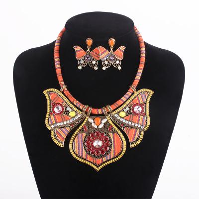 China Retro Exaggerated Two-piece Set Environmentally Friendly Mixed Color Rhinestone Women's Rhinestone Earrings Necklace Set for sale