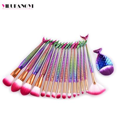 China Angular Blush OEM Professional 15 Pcs Colorful Synthetic Hair Mermaid Makeup Set Brush 2018 Fish Tail Make Up Tools for sale