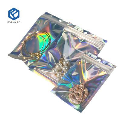 China Recyclable Custom Holographic Clothing Bikini Packaging Pouch With Logo Cosmetic Laser Swimwear Zipper Bag for sale