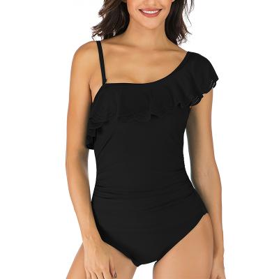 China Women 2021 Custom Color Ruffles Womens Strap One Shoulder Swimsuits Removable Padded Sheer One Piece Swimsuits for sale