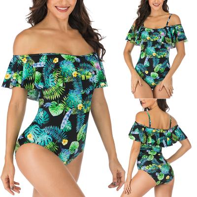 China Wholesale Beach Wear Removable Sling Padded Swimsuit Hollow Pringting Triangle Ruffles Women One Piece Swimsuit for sale