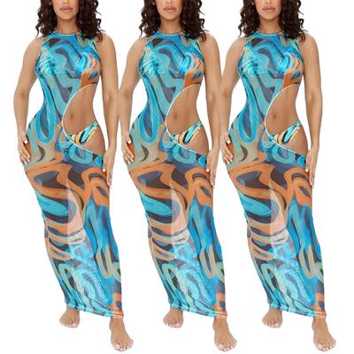 China Removable padded wholease 2 piece swimsuits 3 piece dresses custom sets 2021 women printed dress bikini set for sale