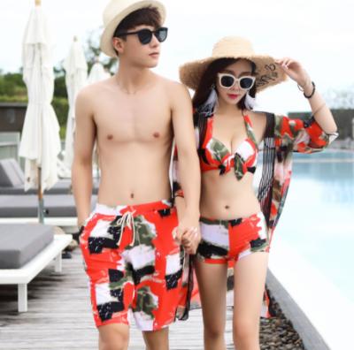 China New Arrival Couples Beach Wear Removable Padded Women Gather Bra Bikini Suit With Tippet Men Swimming Boardshorts Couples Boyfriend Girlfriend for sale