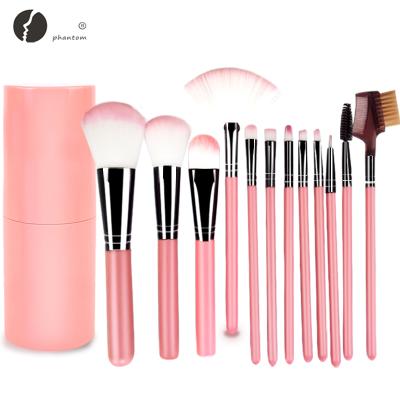 China Angular Blush 12pcs Phantom Pink Makeup Set Brush Maquiagem Professional Women Foundation Eyebrow Blush Brush With Cylinder for sale