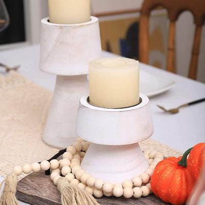 China Minimalist Candle Holders for Pillar Candles, Rustic Farmhouse Wood Pillar Candlesticks Great for Any Table Top Mantel Set White for sale