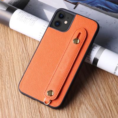 China Shockproof For iPhone 14 Luxury Back Cover Saffiano Leather Phone Case With Stand , Anti Falling PU Leather Phone Case With Strap for sale