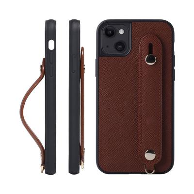 China Luxury Shockproof Saffiano Leather Phone Case With Stand, For iPhone 14 Fashion PU Leather Phone Case With Strap for sale