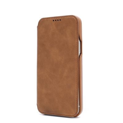 China Custom Logo Shockproof Real Leather Card Holder Phone Wallet Slim Pro Max iPhone 13 Magnetic Flip Phone Case For for sale