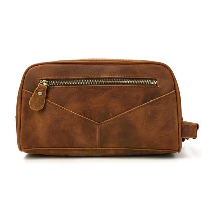 China Vintage Double Zipper Vintage Makeup Bag Customized Crazy Horse Travel Toiletry Bag Genuine Leather Portable Wash Bag for sale