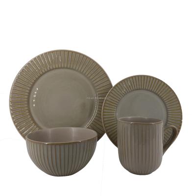 China Sustainable Best Selling Embossed Solid Color 16pcs Reactive Glazed Stoneware Dinner Set for sale