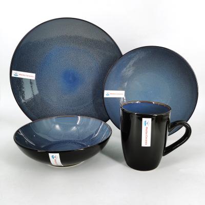 China Two Tone Color Viable Blue And Black Reactive Glazed Stoneware 16pcs Dinnerware Sets For Home Use for sale