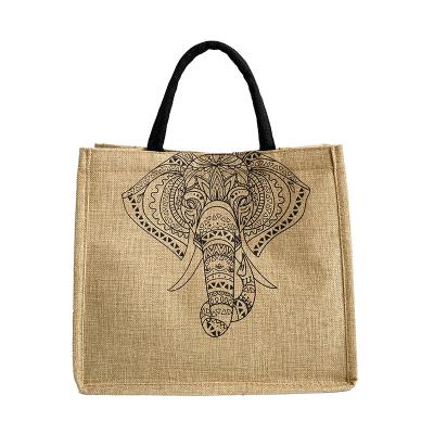 China New Vintage Geometric Elephant Pattern Tote Female Large Capacity Shoulder Burlap Reusable Shopping Bags for sale