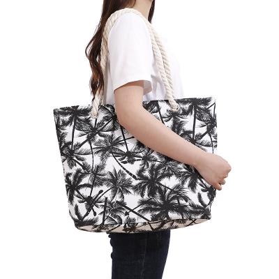 China Hemp Rope Coconut Tree Fashion Customized Vacation Travel Canvas Tote Students Shoulder Bag Female Beach Bag Handbag For Summer for sale