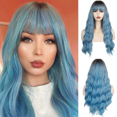 China Water Wave Women's Blue Wig Wavy Hair Long Fluffy Curly Wigs For Girl Heat Friendly Cosplay Party Synthetic Wigs for sale