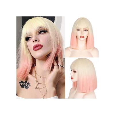 China Water Wave Heat Resistant Fiber Synthetic Wigs Straight Hair With Bangs Lavender Bob Colorful Purple Wigs for sale