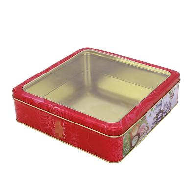 China Custom Food Metal Tins Tin Box With Window Square Tea Tin Box Metal Cake Tin Food Packaging for sale