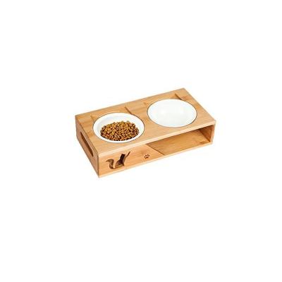 China Cat Bowls Raised Pet Feeder Sustainable High Solid Bamboo Dog Stand Perfect For Cats And Small Dogs for sale