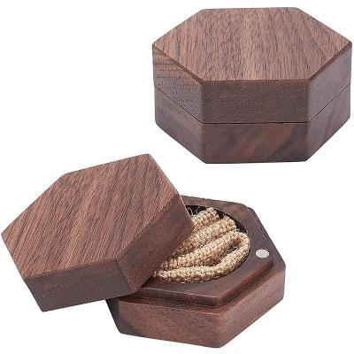 China Custom Handmade Hexagon Walnut Wooden Wedding Ring Jewelry Packing Box Wood Ring Box with Magnet Clasp for sale