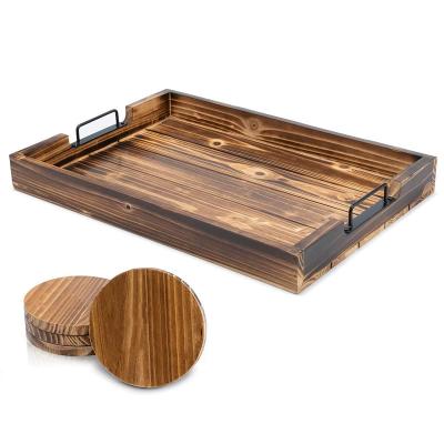 China Home.Restaurant.Bar.Hotel.Wedding large Rustic Wooden Serving Tray with modern black metal handles includes set of 4 coasters for sale