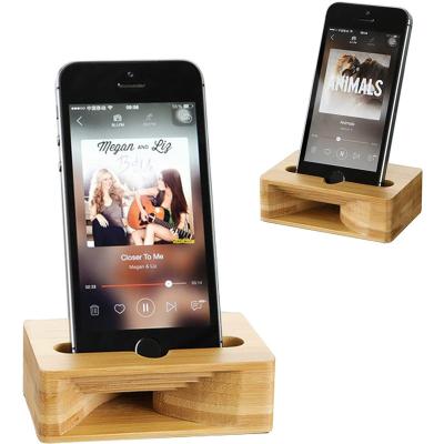 China Flexible Natural Universal Cell Phone Stand Bamboo Wooden Mobile Phone Holder Desk Stand With Sound Amplifier for sale