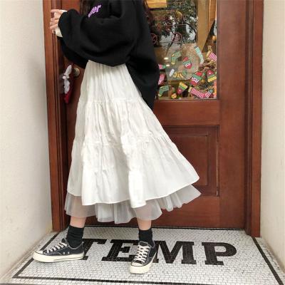 China 2020 Anti-Static Women's Long Tulle Midi Skirts Elastic High Waist Black Autumn Long Skirt Streetwear White Mesh Tutu Pleated Skirts Female for sale