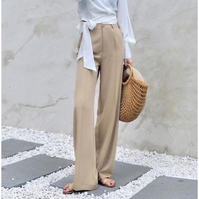 China Anti-wrinkle Women's Autumn Wide Leg Pants Elastic Waist Pants Elegant Office Ladies Khaki Plus Length Trousers for sale