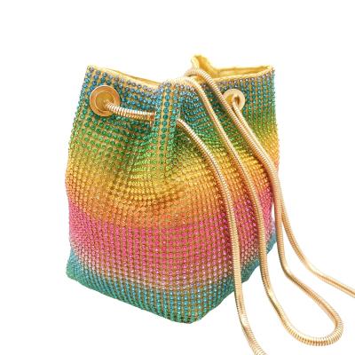 China High Quality Shiny Cross & Body Clutch Purse For Women, Rainbow Mesh Evening Handbags Full Rhinestones Bucket Bag For Wedding Party for sale