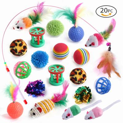 China Stocked Different Kinds Cat Toy 20 Sets Bell Ball Rainbow Ball Mouse Feathers Interactive Funny Cat Toys Set for sale