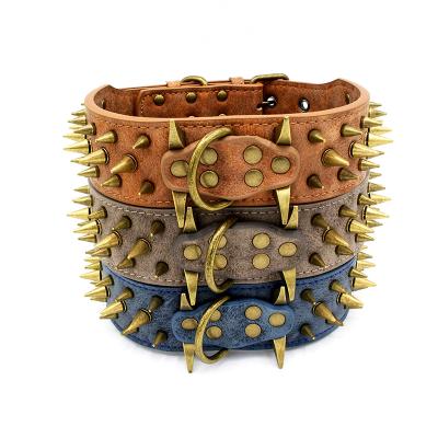 China Retro Large Pet Bronze Pointed Collar Nail PU Dog Collar Rivet Stocked Wear-resistant Collar for sale