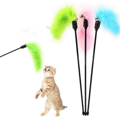 China Stocked Pet Supplies Cat Teaser Stick Short Interactive Colorful Pet Toys Feather Toys Eco Friendly Cat for sale