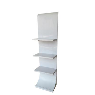 China Metal With Wood 3 Tiers Flooring White Metal Shampoo Bottle Display Stand With Customized Logo for sale