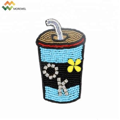 China Wholesale Handmade 3D Drinking Cup Design Crystal Beads Rhinestone Embroidery Accessories Patch Brooches for sale