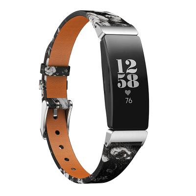 China Leather Strap with Stainless Buckle New Fashion Flower Printed Stainless Steel Buckle for Fitbit Inspire Time Genuine Leather Watch Band for sale