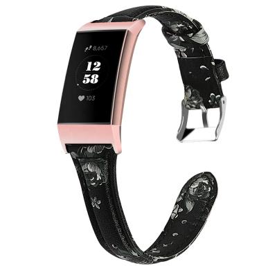 China Narrow / Small Watch Band For Fitbit Charge 3 Rose Pink Steel Head Flower Style Genuine Leather Straps for sale