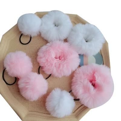 China Daily White Pink Ponytail Pom Pom Hair Ties Solid Color Elastic Fluffy Hair Bands for sale