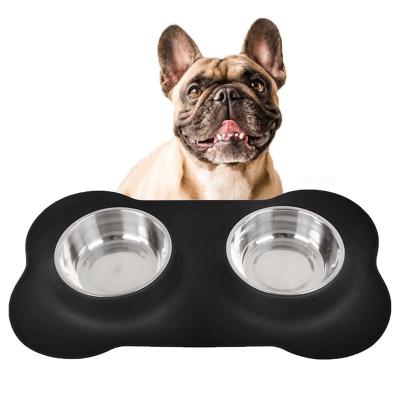 China Bonve Silicone Mat Feeder Double Pet Bowl Non-Slip Custom Non-Slip Stainless Steel Dog and Cat Double Bowl for sale