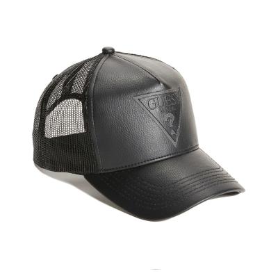 China JOINT Wholesale Custom Plain 5 Panel High Quality Emboss PU Mesh Trucker Baseball Caps Hat Leather Logo Black for sale