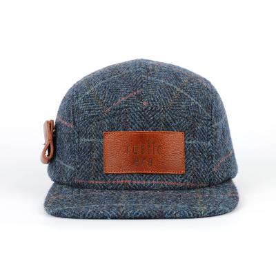 China Leather Patch Logo Camp Cap, OEM Quality 5 Brim Wool Blend Docker COMMON Panel Size Flat Hat With Pen Holder for sale