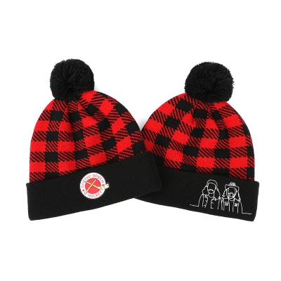 China Winter Protection COMMON Hot Selling Knitted Hat, 100% Kids Acrylic Pompom Beanie, Woven Black and Red Plaid Patch Beanie Hat for sale