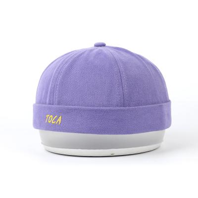 China JOINT Custom Made High Quality Mens Purple Visorless Docker Hat, Cotton Skullcap Leather Strap Brimless Baseball Caps for sale