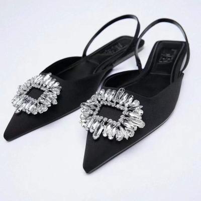 China Cushioning Summer Women's Fashion Sandals With Pointed Toe Flat Rhinestone Square Buckle And Back Travel Strap for sale